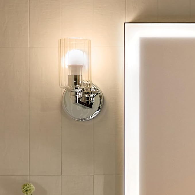 Kichler Gioe 5" 1-Light Wall Sconce with Clear Fluted Glass in Chrome, Damp Rated, for Powder Room, Kitchen, Hallway, Bedroom, Fireplace, (5" W x 9.5" H), 55224CHFLU