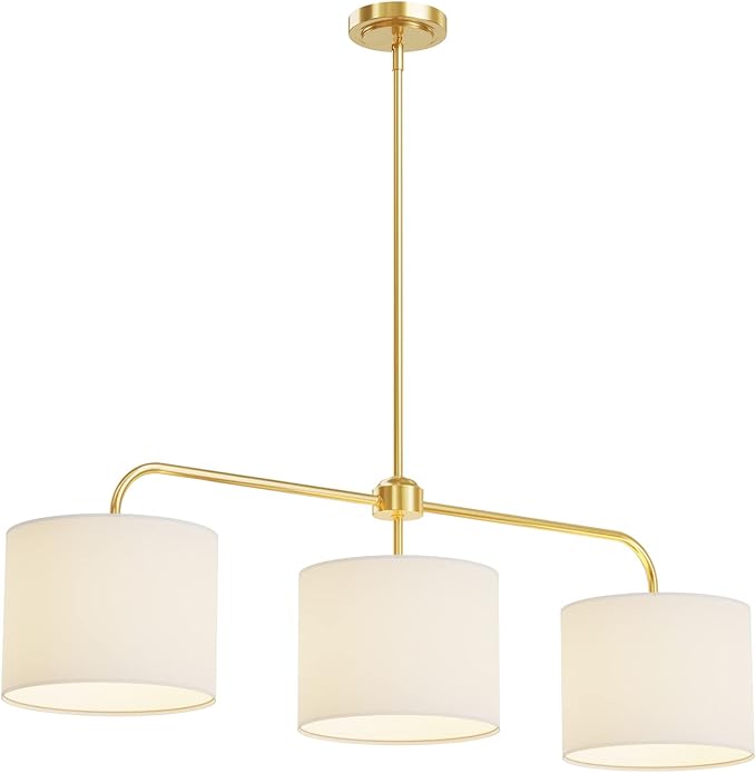 Electro bp 3-Light White Linen Drum Shade Chandelier with Polished Gold Metal Linear Pendant Light Fixture for Kitchen Island, Dining Table, E26, 180W