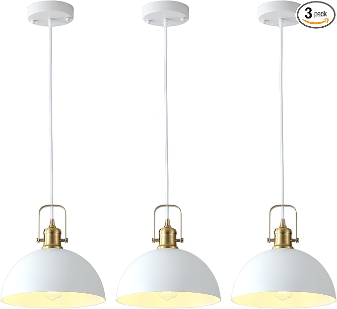 Pendant Lights Kitchen Island 3 Pack, White and Gold Dome Pendant Lighting, Ceiling Hanging Light for Kitchen Living Dining Room Restaurant Hallway Entrance