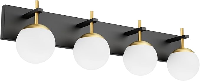 Ralbay Mid Century Modern Vanity Lights - 4-Light Milky Glass Globe Modern Bathroom Vanity Lights Over Mirror, Black/Golden Bathroom Wall Light Fixture