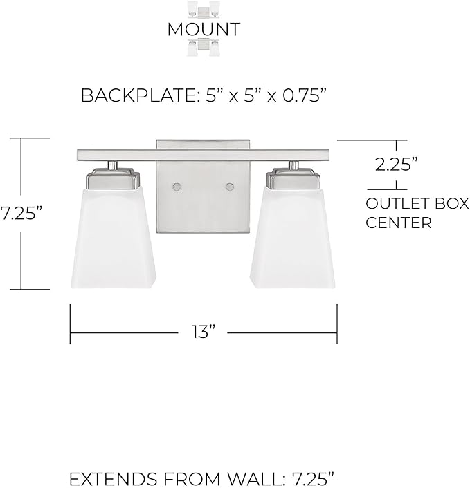 HomePlace by Capital Lighting 114421BN-334 Baxley Modern Soft White Glass Bathroom Vanity Wall Light, 2-Light 200 Total Watts, 7" H x 13" W, Brushed Nickel