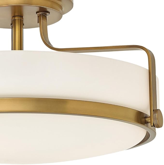 Hinkley Harper Medium Semi-Flush Mount Ceiling Light, Sleek, Retro Style, Etched Opal Glass, Heritage Brass Finish