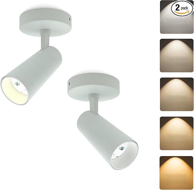 LED Ceiling Spotlight 5CCT 2700K/3000K/3500K/4000K/6000K Selectable Dimmable,Spot Light Indoor Adjustable Flush Mount Lights Fixture 12W CRI 90+, White, 2 Pack Tilt Angle Accent Lighting