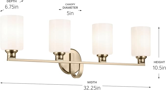 Kichler Gioe 4-Light Vanity Light Fixture with Opal Glass in Champagne Bronze, Wall Mounted Bathroom Light for Mirror, Damp Rated (32.25" x 10.5" x 6.75"), 55227CPZ