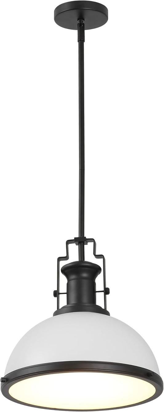 JONATHAN Y 13" Matte Black/White Modern Industrial Iron LED Dome Pendant Light, Adjustable Hanging Fixture for Kitchen Island or Entryway, Black Metal Shade, LED Bulb Included (JYL9536E)