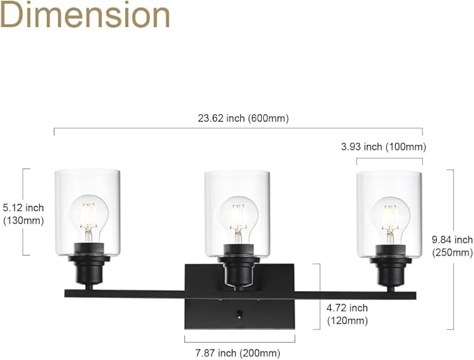 VINLUZ Matte Black Vanity Light for Bathroom 3 Light Farmhouse Indoor Bathroom Lighting Fixtures Over Mirror with Clear Glass Shade for Dressing Table