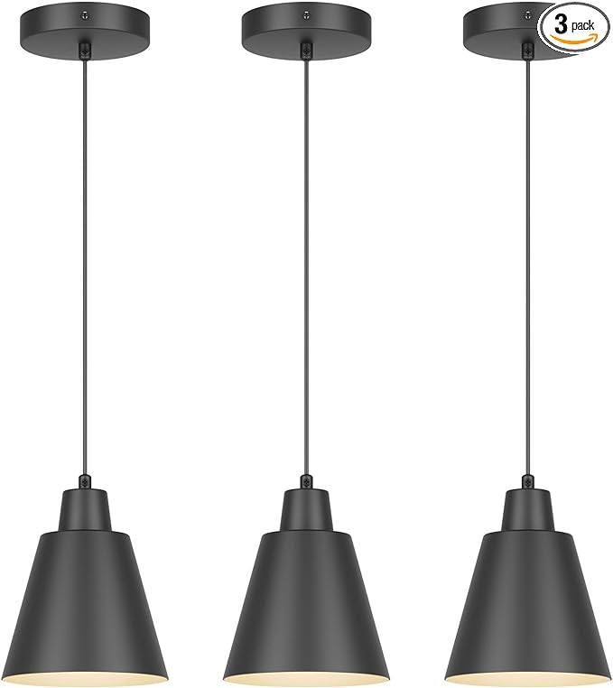 Industrial Pendant Lights, Black Pendant Light Fixtures, Vintage Kitchen Island Light with Black Metal Shade, Farmhouse Pendant Lights for Dinning Table Bedroom Bar - Black, 3 Packs