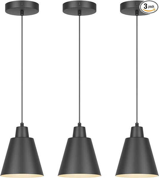 Industrial Pendant Lights, Black Pendant Light Fixtures, Vintage Kitchen Island Light with Black Metal Shade, Farmhouse Pendant Lights for Dinning Table Bedroom Bar - Black, 3 Packs