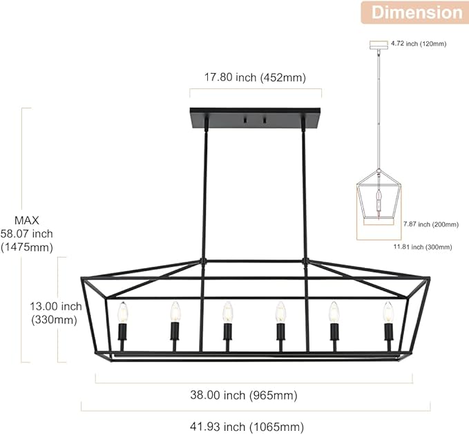 6-Lights Kitchen Island Pendant Lighting in Black Finish, 42-Inches Width Farmhouse Light Fixtures Ceiling Hanging for Dining Room Pool Table