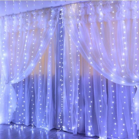 200 LED White Curtain Light for Party/Wedding/Festival/Christmas,Window Blinking String Light for Bedroom/Living Room,USB Plug with 8 Modes(Battery not Included)