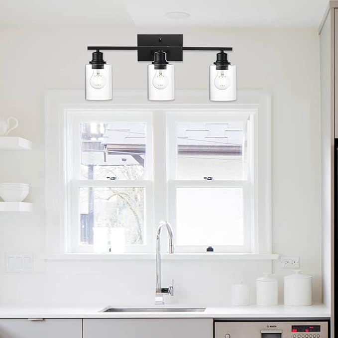 VINLUZ Matte Black Vanity Light for Bathroom 3 Light Farmhouse Indoor Bathroom Lighting Fixtures Over Mirror with Clear Glass Shade for Dressing Table