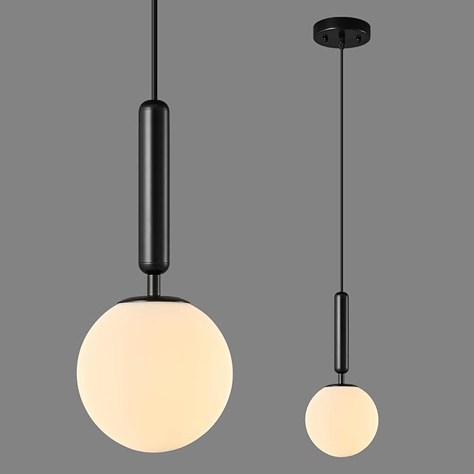 Modern Hanging Light Fixture Pendant Lighting for Kitchen Island Mid Century Black Pendant Lights with Globe Milky White Glass Pendant Light for Bedroom Bathroom Entryway (1 Pack)