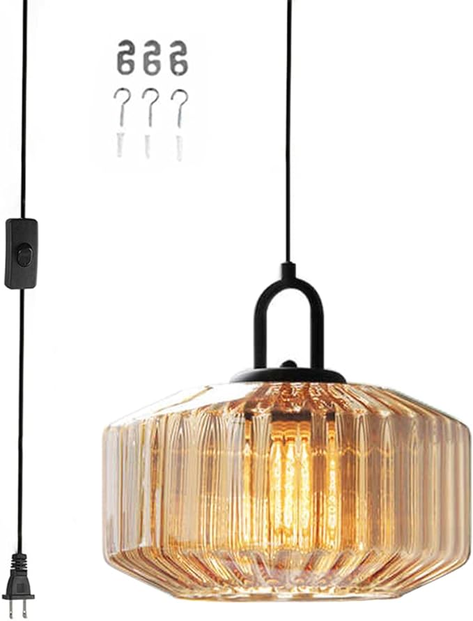 Amber Plug in Pendant Light, Hanging Lamps for Living Room Plug in Glass Globe Pendant Light, Modern Plug in Cord Pendant Hanging Light with 14.7 ft Cord On/Off Switch Striped Glass Shade