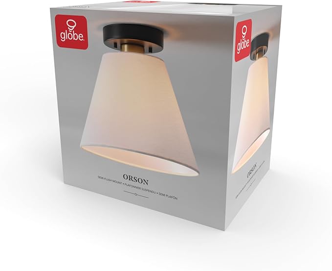 Globe Electric 1-Light Semi-Flush Mount Ceiling Light, Matte Black with Matte Brass Accent, White Linen Shade, Dimmable, E26 Base, Transitional Style, 66000137