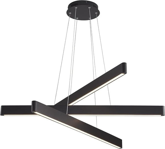 YISDESIGN 3-Light Solid Wood Black Linear Pendant Light - Dimmable Modern LED Chandelier for Dining Room Table Kitchen Island Living Room Ceiling - 45W Warm Light Adjustable Hanging Fixture Black