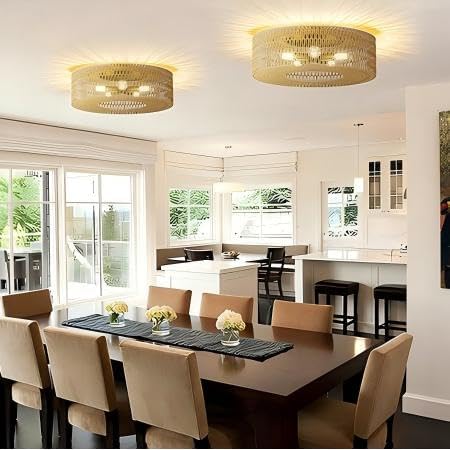 ROOMTEC 17.7" Rattan Flush Mount Ceiling Light, 4-Light Ceiling Fixture with Bulbs Included, Boho Woven Natural Fiber Dining Room Light for Bedroom Living Room Kitchen