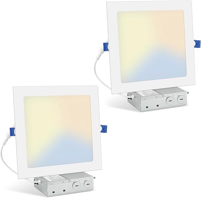 HONZIN 2 Pack 8 Inch Square LED Recessed Lighting, Ultra-Thin Canless Ceiling Light, 5CCT Selectable 2700K/3000K/3500K/4000K/5000K, 20W Dimmable, IC Rated with Junction Box, White Trim
