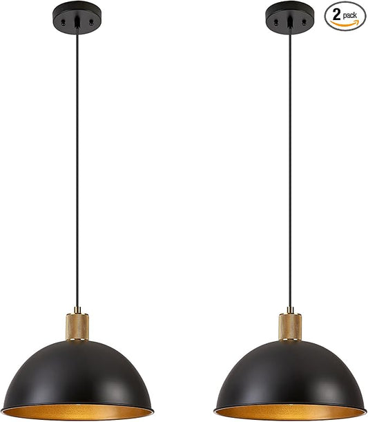 12 Inch Black Dome Pendant Lights 2 Pack for Kitchen Island, Height Adjustable Farmhouse Industrial Hanging Light Fixtures Over Table for Dining Room, Entryway