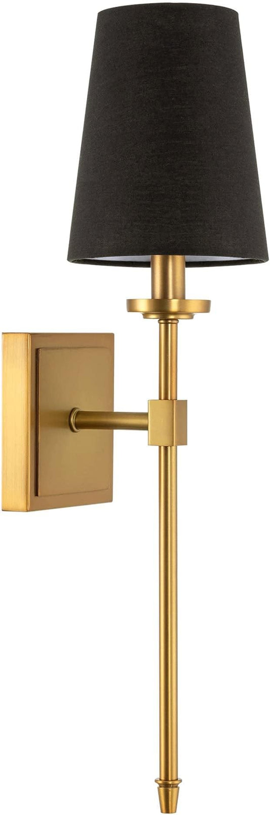 Kira Home Torche 20" Mid Century Modern Wall Sconce with Tapered Black Linen Shade, Candle Wall Light with Elongated Tail, Warm Brass Finish