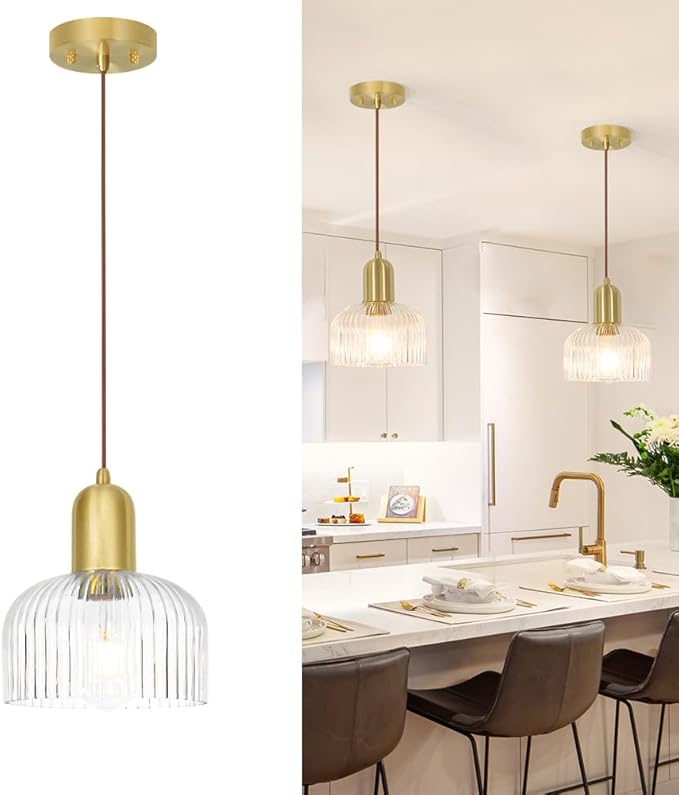 Lxybcce Mid Century Modern Glass Pendant Light, Gold Kitchen Island Pendant Light Fixture, Minimalist Brushed Brass Ceiling Hanging Lamp, Adjustable Hanging Lighting for Barthroom Dining Room Hallway