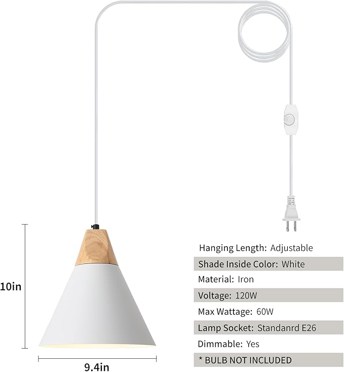Plug in Pendant Light, 2 Pack 9.4inch Hanging Lights with Plug in Cord 14.7 ft, White Pendant Light Plug in, Hanging Pendant Light, Hanging Lamp Plug in for Bedroom Living Room Kitchen Island