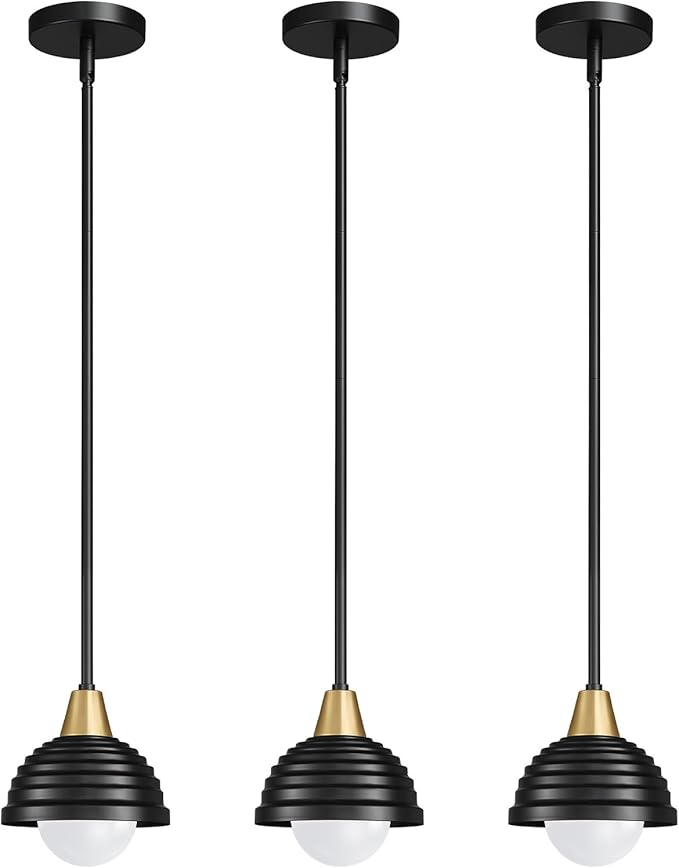 Industrial Kitchen Pendant Light Fixtures: 3 Pack 6 Inch Metal Modern Chandelier - Adjustable Farmhouse Black & Gold Pendant Lighting for Kitchen Island Hallway