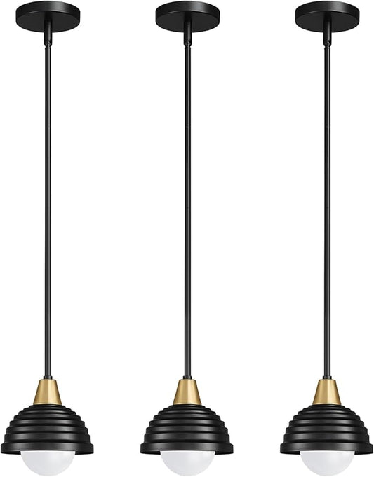Industrial Kitchen Pendant Light Fixtures: 3 Pack 6 Inch Metal Modern Chandelier - Adjustable Farmhouse Black & Gold Pendant Lighting for Kitchen Island Hallway