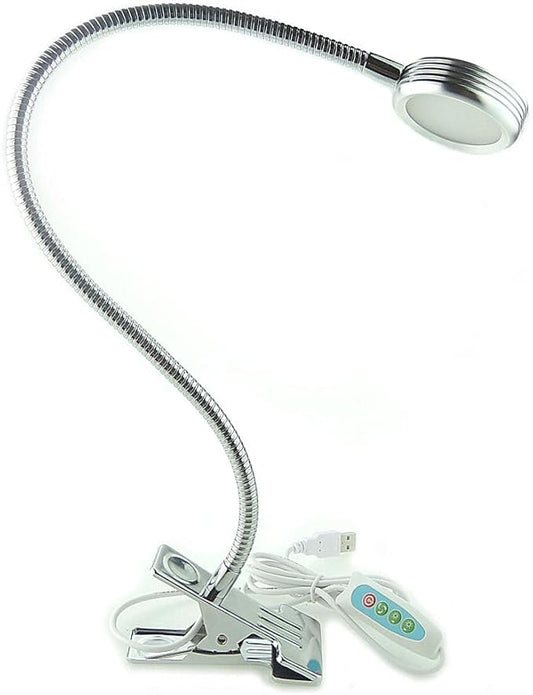QUANS Dimmable Clip on Clamp LED Gooseneck Desk Light Lamp, Clip-on 3 Color Changeable Reading Lights, C-Clamp Nightlight, USB Port, 3 Color Temperature, Silver