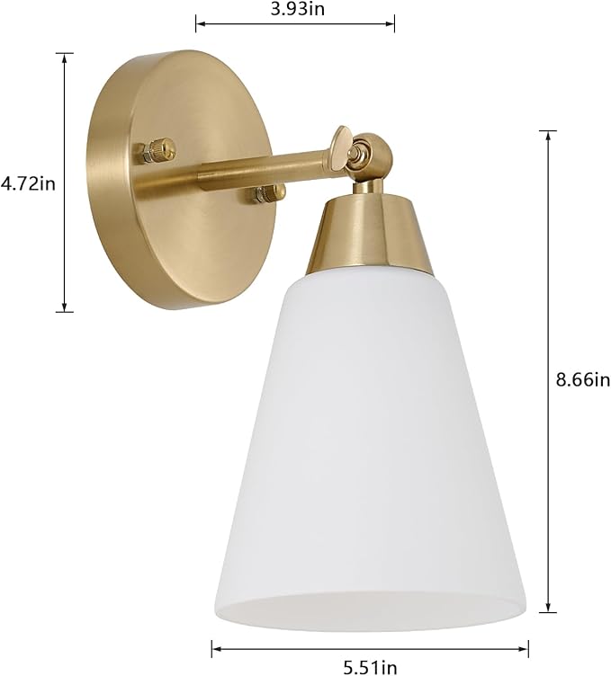 MWZ Gold Wall Sconce Decor 2 Pack,Modern Brushed Brass Sconces Lighting with White Glass Shade,Bathroom Light Fixtures Over Mirror,Vanity Lights Over Sink,Indoor Wall Mount Adjustable Angle Lamp