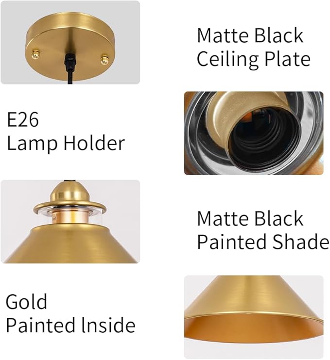 Black Pendant Lights Kitchen Island 2 Pack, Dome Pendant Light Fixtures, Farmhouse Pendant Light, Modern Pendant Lights for Kitchen Island Dining Room Bedroom Study (2, Gold)