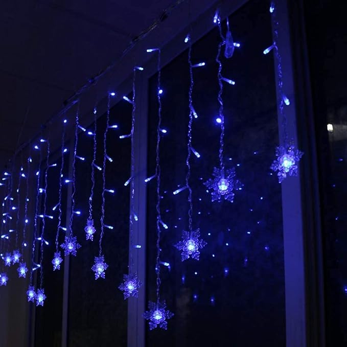 LED Curtain Lights,19ft/6M 96 LED Snowflake Curtain String Lights Plug-in Window Curtain Lights with 8 Modes Decoration for Christmas, Wedding, Party,Wall, Home Decorations (Blue)