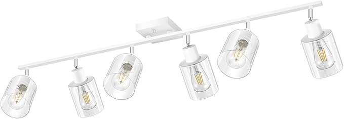Track Lighting Fixtures Ceiling, 6-Light Track Light with Clear Glass Shade, 45" Modern Kitchen Lighting Ceiling with Rotatable Track Head, White Wall Light for Vanity Hallway Bedroom(E26, No Bulb)