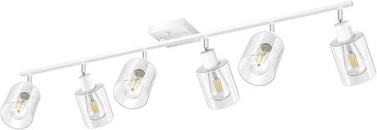 Track Lighting Fixtures Ceiling, 6-Light Track Light with Clear Glass Shade, 45" Modern Kitchen Lighting Ceiling with Rotatable Track Head, White Wall Light for Vanity Hallway Bedroom(E26, No Bulb)
