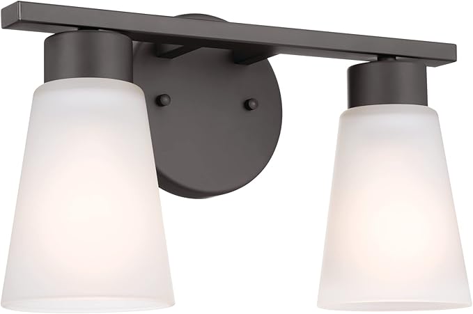 Kichler Stamos 2-Light Bathroom Vanity Light with Satch Etched Glass Shades, 13" Modern Wall Light in Olde Bronze®, (13" x 8" x 5")