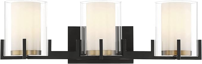 Savoy House 8-1977-3-143 Eaton Traditional Clear/White Opal Chimney Glass Bathroom Vanity, 3-Light 180 Total Watts, 8" H x 24" W, Matte Black & Warm Brass