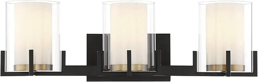 Savoy House 8-1977-3-143 Eaton Traditional Clear/White Opal Chimney Glass Bathroom Vanity, 3-Light 180 Total Watts, 8" H x 24" W, Matte Black & Warm Brass