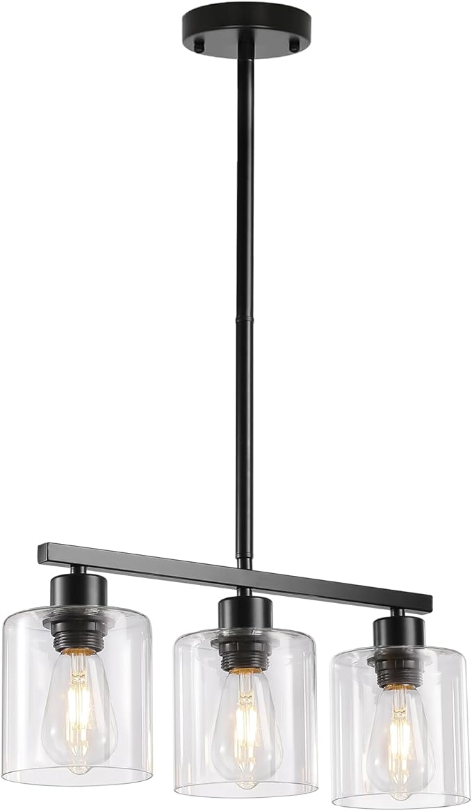 3-Light Kitchen Island Lighting, Black Pendant Light Fixture, Farmhouse Dining Room Light Fixtures Over Table, Modern Hanging Light Fixtures with Clear Glass, E26 Base, Bulbs Not Included