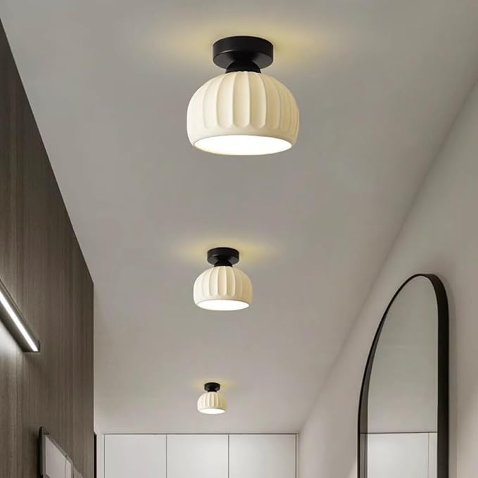 KISAD Modern Minimalist Semi-Flush Mount Ceiling Light Nordic Stripe Ceramics Small Ceiling Lamp Indoor Home Decor Fixture for Hallway Entryway Balcony Closet(Black)