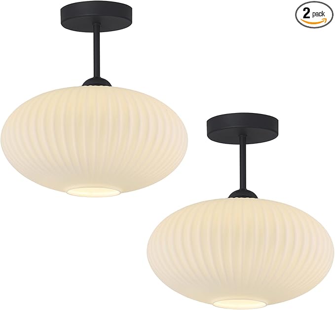 White Ribbed Glass Flush Mount Ceiling Light Large Vintage Milk Glass Semi Flush Mount Light Farmhouse Black Ceiling Light Fixtures Mid Century Modern Hallway Light Fixtures (2 Pack)