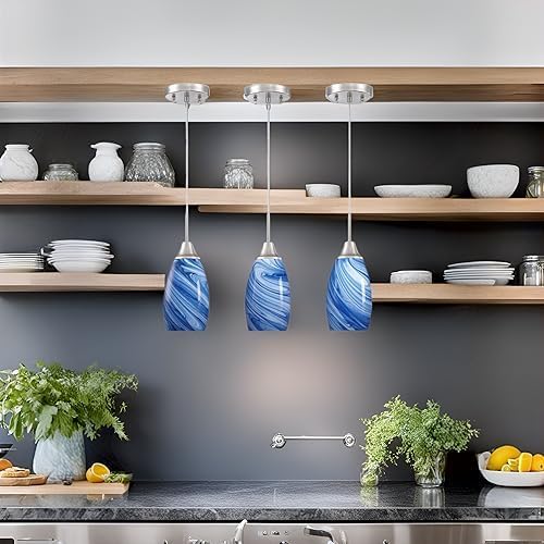 Viinew Mini Glass Pendant Light 1-Pack Dark Blue Marble Art Glass Pendant Lights Kitchen Island Brushed Nickel Finish Hanging Light for Kitchen Over Sink,Dining Room,Foyer,Hallway