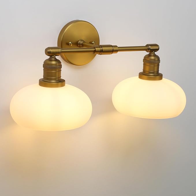 Pathson 2-Lights Milky Glass Wall Sconce, Hardwired Double Head Bathroom Sconces, Vintage Wall Lamps for Vanity Mirror, Living Room, Bedroom, Farmhouse Lighting