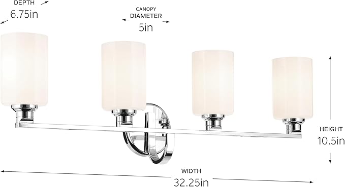 Kichler Gioe 32.25" 4-Light Bathroom Vanity Light Fixture with Opal Glass in Chrome, Modern Wall Mount Light for Over Mirror, Damp Rated (32.25" W x 10.5" H), 55227CH