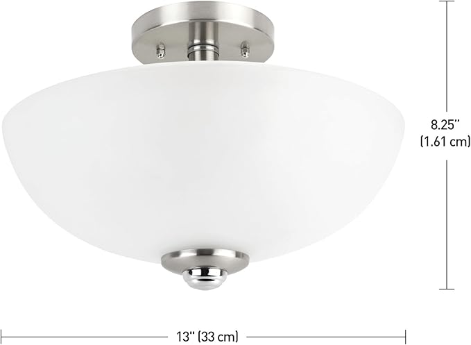 Globe Electric 63357 2-Light Semi-Flush Mount Ceiling Light, Brushed Nickel, Chrome Accents, Frosted Glass Shade, Lighting for Kitchen, Bathroom, Bedroom, or Dining Room, Home Decor
