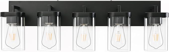 5-Light Bathroom Lighting Fixtures over Mirror, Matte Black Vanity Lights with Square Transparent Glass Shade, Modern Bathroom Vanity Light for Mirror Kitchen, Living Room, Gallery, Hallway