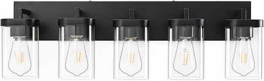 5-Light Bathroom Lighting Fixtures over Mirror, Matte Black Vanity Lights with Square Transparent Glass Shade, Modern Bathroom Vanity Light for Mirror Kitchen, Living Room, Gallery, Hallway
