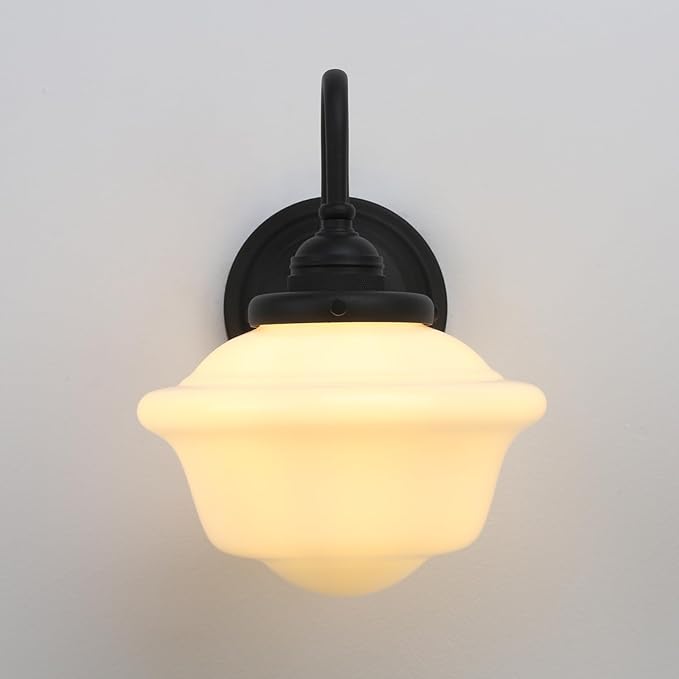 Pathson Vintage Wall Sconce with Milk White Glass, Hardwired Swan-Neck Wall Vanity Light Bathroom Sconce Fixture for Living Room, Foyer, Loft, Bedroom, Farmhouse Lamp
