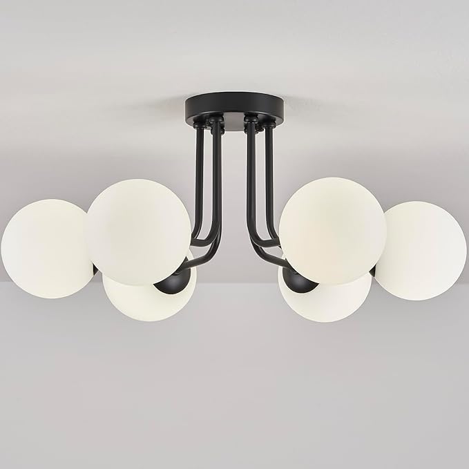 Modern Semi Flush Mount Ceiling Light,Black White Glass Shade Semi Ceiling Light 6-Light,Sputnik Chandeliers for Bedroom Living Room Hallway Dining Room Lighting Fixture