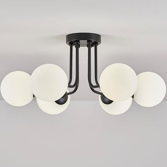 Modern Semi Flush Mount Ceiling Light,Black White Glass Shade Semi Ceiling Light 6-Light,Sputnik Chandeliers for Bedroom Living Room Hallway Dining Room Lighting Fixture
