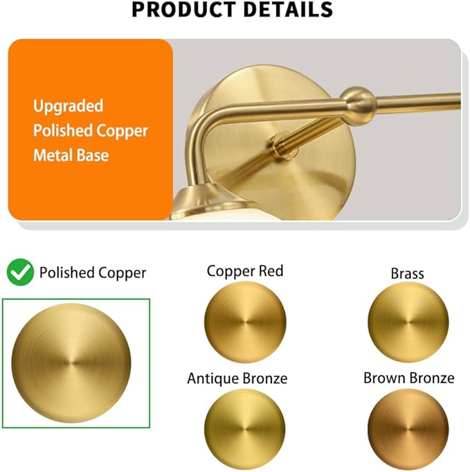Modern Gold 2-Lights Bathroom Light Fixtures, Brass Vanity Light with Milky White Globe Glass Shade, Elegant Vanity Light Fixtures over Mirror, Wall Sconce Light for Bathroom, Mirror, Dressing Table