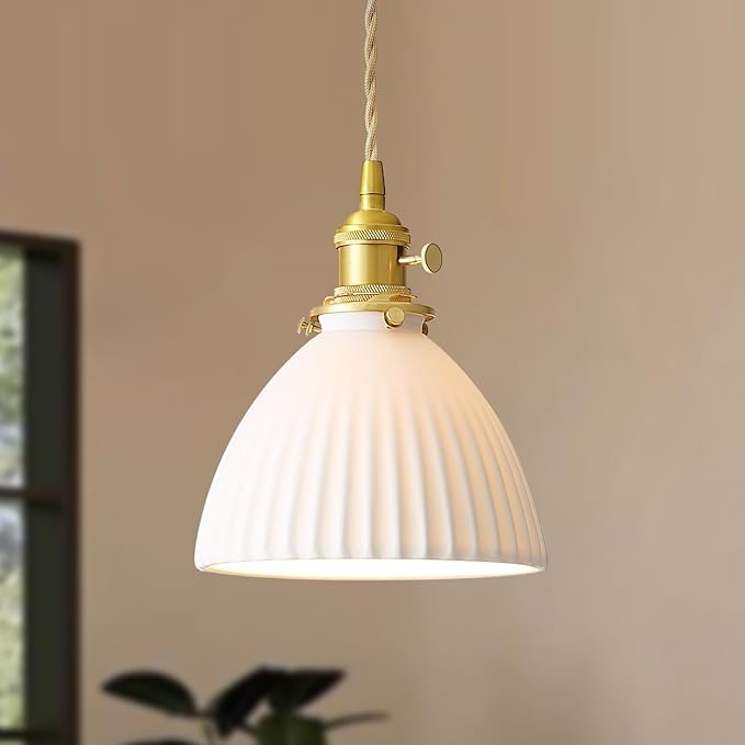 White Ceramic Pendant Lights Kitchen Island Brushed Brass Dome-Shaped Lampshade Modern Minimalist Industrial Hanging Light Fixture for Living Room Bedroom Dining Room Over Table